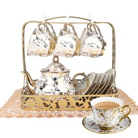 YCWF 20 Pcs Porcelain Tea Set with Metal Holder,European Flower Adult Ceramic Tea Party Set for Women,1000ML Teapot, Beautiful Coffee Tea Cup Set for Home&Party(Gold)