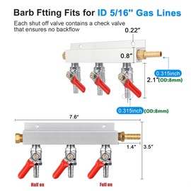 Keg Gas Manifold, 3-Way CO2 Gas Distributor Kegerator Co2 Manifold Keg Co2 Splitter OD 5/16” Barb Fitting Fit for ID 5/16'' Gas Lines with Integrated Check Valves & 4PCS Hose Clamps