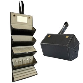 Longjet Travel Jewelry and Sunglasses Roll Organizer Case with Mirror and 5 Compartments for Rings, Necklaces, Earrings, Eyeglasses (Black)