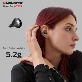 Monster Open Ear AC339 Headphones, Bluetooth 6.0 Earphones Stereo Sound, Open Ear Clip Wireless Earbuds 40 Hours Playback, with Smart Digital Display Design, Touch Control, IPX6 Waterproof