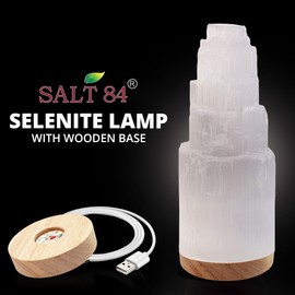 SALT 84 Selenite Crystal Lamp, 25 cm Tall, Wooden Base Skyscraper Lamp with & USB Charging Cable, ETL Certified, Hand Curved Selenite Crystal for Spiritual Protection and Therapy