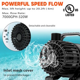 WaterRebirth WaterRebirth (7000GPH-320W, UL listed) Large Fountain Submersible Water Pond Sump Pump Aquarium Electric Waterfall Pump Outdoor PS- 7000