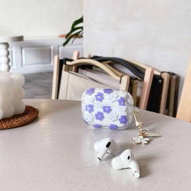 ECZOIL Cute Case Compatible for AirPods Pro 2nd/1st Generation, Cute Pink Flower Floral Soft Clear TPU Headphone Protective Case with Flower Keychain-Purple Flower
