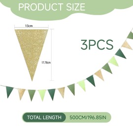 LUMOOM Pack of 3 Outdoor Bunting, Paper Bunting Garland with 5 m Cotton Rope, Hanging Triangle Flag, for Festival Decoration, Birthday Party, Wedding, School (Green Gold)