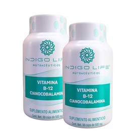 Vitamina B12 en Cápsulas Veganas 2 Pack frascos de 30 Caps 500 mg Indigo Life Nutráceuticos