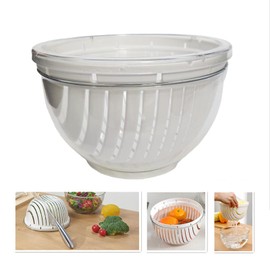 Easy Fruit Vegetable Salad Cutter Bowl, Fantes Multi-Function Kitchen Colander Strainer Double Layered Rotatable (Big - Transparent + White)