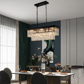 Weesalife Black Crystal Chandeliers for Dining Room Light Fixtures Over Table，9-Lights Modern Rectangle Chandeliers for Kitchen Island Bar L28 Inch