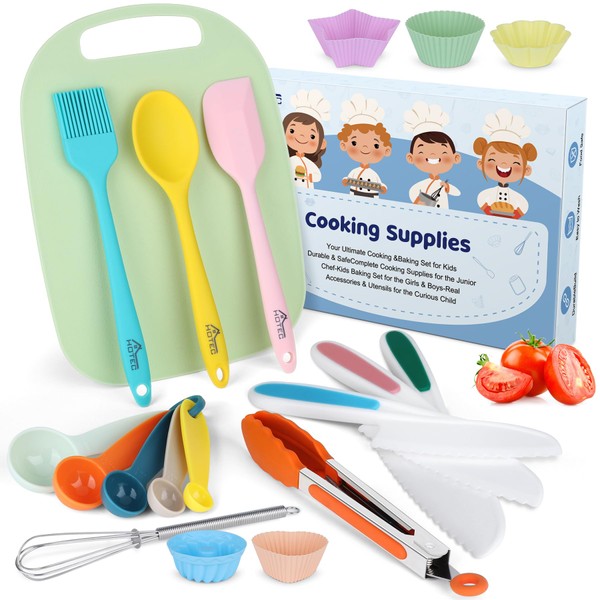 HOTEC Kids Baking Cooking Supplies Set Nylon Children's Kitchen knives BPA Free Cuttting Board Silicone Spoon Spatula Cupcake mold