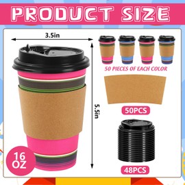 JarThenaAMCS 100 Set Mexican Fiesta Disposable Coffee Cups with Lids Kraft Sleeves Colorful Stripe Paper Drinking Cups for Cinco De Mayo Party Supplies