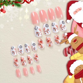 Christmas Almond False Nails - 24PCS False Nails with Glue - White Nude Color Christmas Style with Cute Deer - Acrylic Nails Long Lasting Glossy Full Cover Nail Gifts for Women