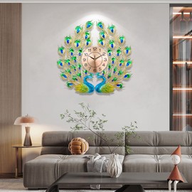 FMTAD Large Peacock Wall Clock Silent Non-Ticking,3D Creative Luxury Decorative Wall Clocks Peacock Clocks Mid Century Big Wall Clocks for Living Room Bedroom Dining Room Decor,Dia 28 inch