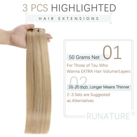 RUNATURE Hair Extensions Clip in Human Hair Blonde Real Hair Clip in Extensions 3pcs 50g 18 Inch Gloden Blonde Highlight with Light Blonde Double Weft Clip in Remy Hair Extensions
