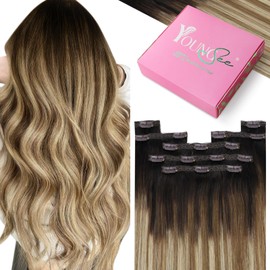 YoungSee Clip in Hair Extensions Human Hair Balayage Hair Extensions for Women Clip in Dark Brown to Blonde with Brown Balayage Real Hair Extensions Clip in Human Hair Extensions 14Inch 7Pcs 120G