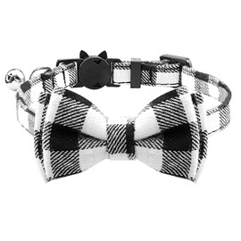 Cat Collar with Bell and Bow Tie, Quick Release Safety Buckle Collars for Kitten and Cats, Soft Tartan Design (Black & White)