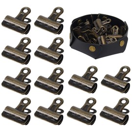 24 Pack Vintage Bulldog Clips with Black Leather Tray, Antique Bronze