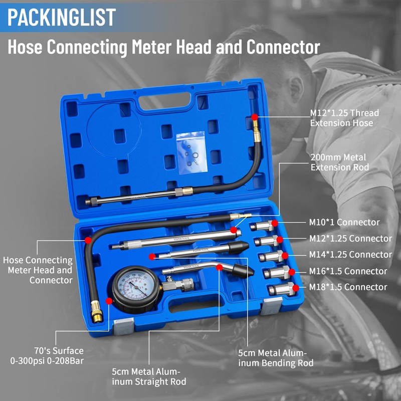 11PC Compression Tester, Automotive Engine Compression Tester Adapter Kit, Engine