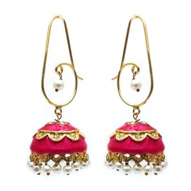 Moonstruck Traditional Indian Golden Minakari Jhumka Earrings With Stones And Pearls for Women (Yellow) (Pink)