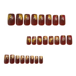 Fall Press on Nails Square Medium Length Red Brown Fake Nails with Maple Leaves designs Glitter Acrylic Stick on Nails Glossy Full Cover Autumn Glue on Nail for Women Nail Supplies24pcs