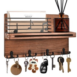 Herboom Key Rack with Shelf, Key Holder with Decoration, with 4 Key Hooks, Multifunctional Key Rack for Entrance, Hallway, Bedroom, Living Room, Brown