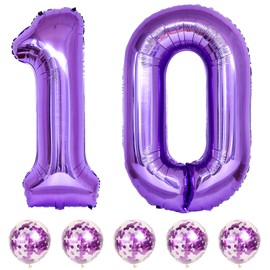 Large 10 Number Balloons Purple, 40 Inch Helium Foil Number 1 & 0 Balloons Self Inflating with Confetti Balloons for Girls Women 10th 1st Birthday Party Balloons Anniversary Decorations Supplies