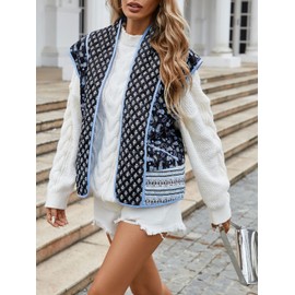 Tankaneo Womens Floral Quilted Puffer Vest Oversized Open Front Cap Sleeve Jacket Sleeveless Patchwork Outerwear