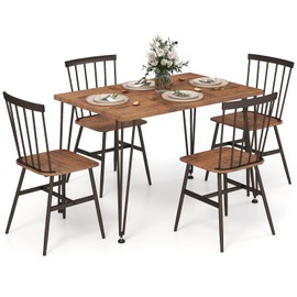 Tangkula Dining Table Set for 4, Kitchen Table and Chairs Set of 4 w/Metal Frame, 360° Swivel Feet, Space-Saving Dinette Table Set for Living Room, Restaurant, Breakfast Nook (Teak)