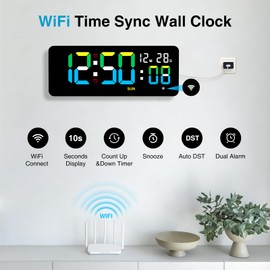 XREXS 12.2 Inch Digital Wall Clock WiFi Sync with Seconds & Remote Control