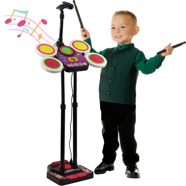 Kids Junior Electronic Drum Kit Beat Set Musical Toy with Microphone & Lights Pedal Drumsticks