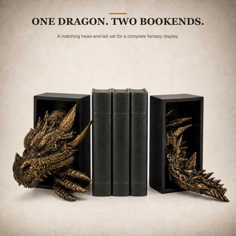 Dragon Bookshelf Decor, Gothic Fantasy Bookends for Home Office, Resin