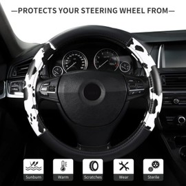 BANLIE Cow Print Steering Wheel Cover, Microfiber Leather Cute Breathable Anti Slip Universal Protector 14.5-15 inch Car Interior Accessories for Women Men, Black White