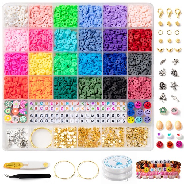 UNIZHS 6300 Pcs Clay Beads Bracelet Making kit, 24 Colors Polymer Clay Beads kit with Pendant Charms Kit and Elastic Strings, Art Craft Gift for Jewelry Making Bracelets Necklace…
