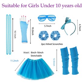 Joizomou - Accesorios para disfraz de niña de los años 80, 7 unidades, disfraces de los años 70, 1980, 90, con tutú azul, calentadores de piernas de neón de los años 80, guantes de neón para collar
