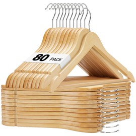 HOUSE DAY Bulk Wooden Hangers 80 Pack, Solid Wood Hanger with Non Slip Pant Bar, Heavy Duty Wooden Coat Hanger for Closet, Smooth Finish Wood Clothes Hangers for Shirts, Suits Jackets, Dress, Natural