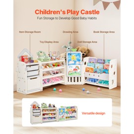 VEVOR Kids Toy Storage Organizer, 3-Tier Bookshelf with 10 Movable Toy Bins, Toy Shelf Organizer with Drawing Board, Toy Storage Organizer for Living Room, Study Room, Playroom, Classroom, Nursery