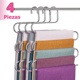 Paquete de 4 Percha para Pantalones Antideslizantes, Perchas para Ropa Antideslizantes, Actualizadas en Forma de S Perchas de 5 Capas, Ahorrador de Espacio en el Armario para Jeans Bufanda, Rosa
