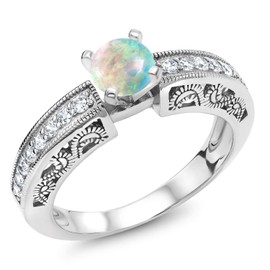 Gem Stone King 925 Sterling Silver White Simulated Opal Engagement Filigree Ring For Women (1.59 Cttw, Round Cabochon 6MM, Gemstone October Birthstone, Size 9)