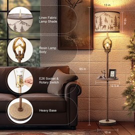 Scenekoy Antlers Style Metal Tray Floor Lamp with Night Light Rustic Standing Lamp with Linen Fabric Shade Farmhouse Vintage Floor Lamp Decor for Living Room Bedroom House Home Office (Bulb Included)