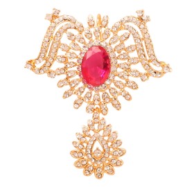 NEW! Touchstone Indian Bollywood Impressive Style Fine Filigree Fuchsia Color Faux Tourmaline White Rhinestone Designer Bridal Jewelry Hair Accessory Jurapin In Gold Tone For Women.