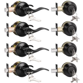 KNOBWELL 4 Pack Keyed Alike Door Lever Handle with Single Cylinder Deadbolt, Matte Black Exterior Door Knob Lock Set with Deadbolt, Front Door Entry Lever Lockset and Deadbolt Combination Set