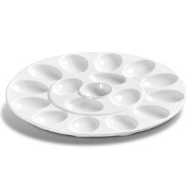 ONEMORE Deviled Egg Platter Tray Ceramic Egg Holder Round Egg Dish Plate 17-Cup Egg Container for Party Display - Microwave & Freezer Safe - 11.5 inch, White