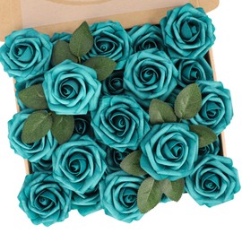 N&T NIETING Artificial Flowers Foam Roses 25 pcs Peacock Green Fake Roses w/Stem for DIY Home Decor Indoor Outdoor Centerpieces Arrangements Bouquets