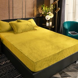 Fleece, Plush Fitted Sheet, 100 x 200 cm, Winter, Warm, Yellow Bed Sheet, Warm, Fleece, Cashmere Touch, Cuddly, Fluffy, Flannel Fitted Sheet for High Mattresses up to 30 cm