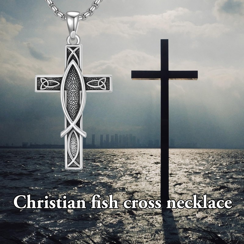 ROMANTICWORK Cross Necklace for Men 925 Sterling Silver Christian Fish
