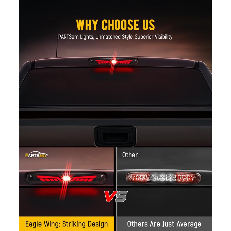 Partsam Eagle-Wing LED 3rd Third Brake Light with Strobe High