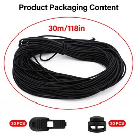 Plastic Cord Locks and Black Elastic Cord - 30m Thin Elastic Round Bungee Cord with 30 pcs Drawstring Locks, Spring Toggle Stoppers Fastener Slider, Shock Cord for Tent, Clothing, Backpack, etc
