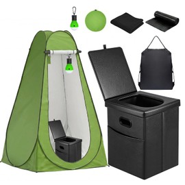Portable Toilet Kit with Pop-Up Privacy Tent, All-in-One Outdoor Bathroom & Changing Room with Camping Toilet Seat, Waste Bags, LED Light for Camping, RV, Road Trip (Toilet with Green Tent)