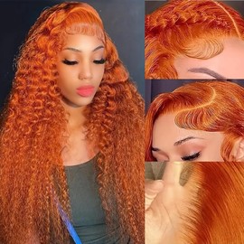 ALSZIQIHR Ginger Orange Water Wave Lace Front Wigs Human Hair Colored 13x4 HD Transparent Lace Frontal Wig Human Hair for Black Women 180% Density Deep Curly Wigs with Baby Hair Pre Plucked 22 inch