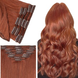 Benehair Clip on Hair Extensions Real Human Hair Auburn Hair Extensions Clip in Human Hair 12inch Long Straight Remy Natural Full Head 8pcs Real Hair Extensions for Women #33 Dark Auburn