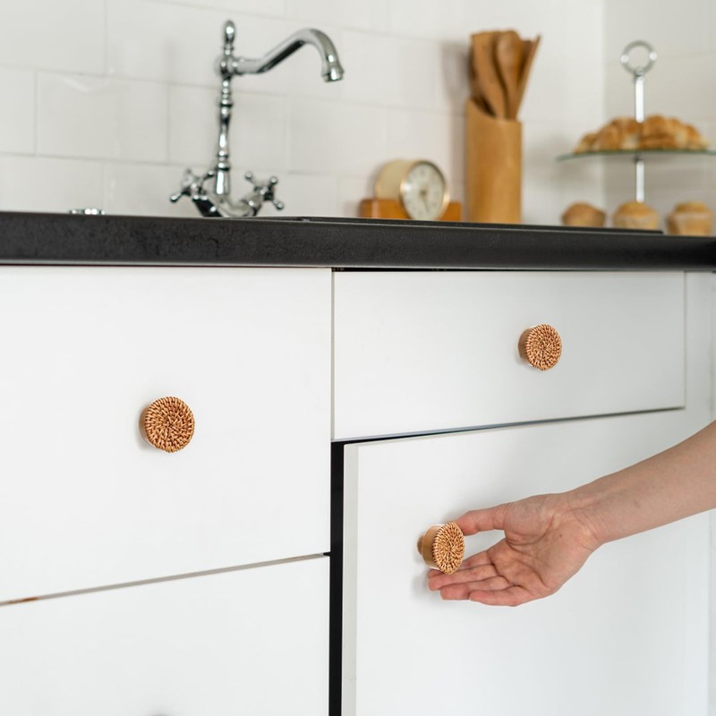 Nicunom 16 Pack Boho Rattan Dresser Knobs, Round Cabinet Knobs