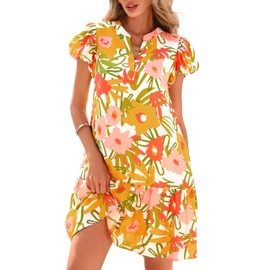 dowerme Womens Summer Dresses 2025 Puffy Sleeve V Neck Loose Floral Print A Line Boho Mini Babydoll Dress with Pockets(White Yellow Flower,Large)